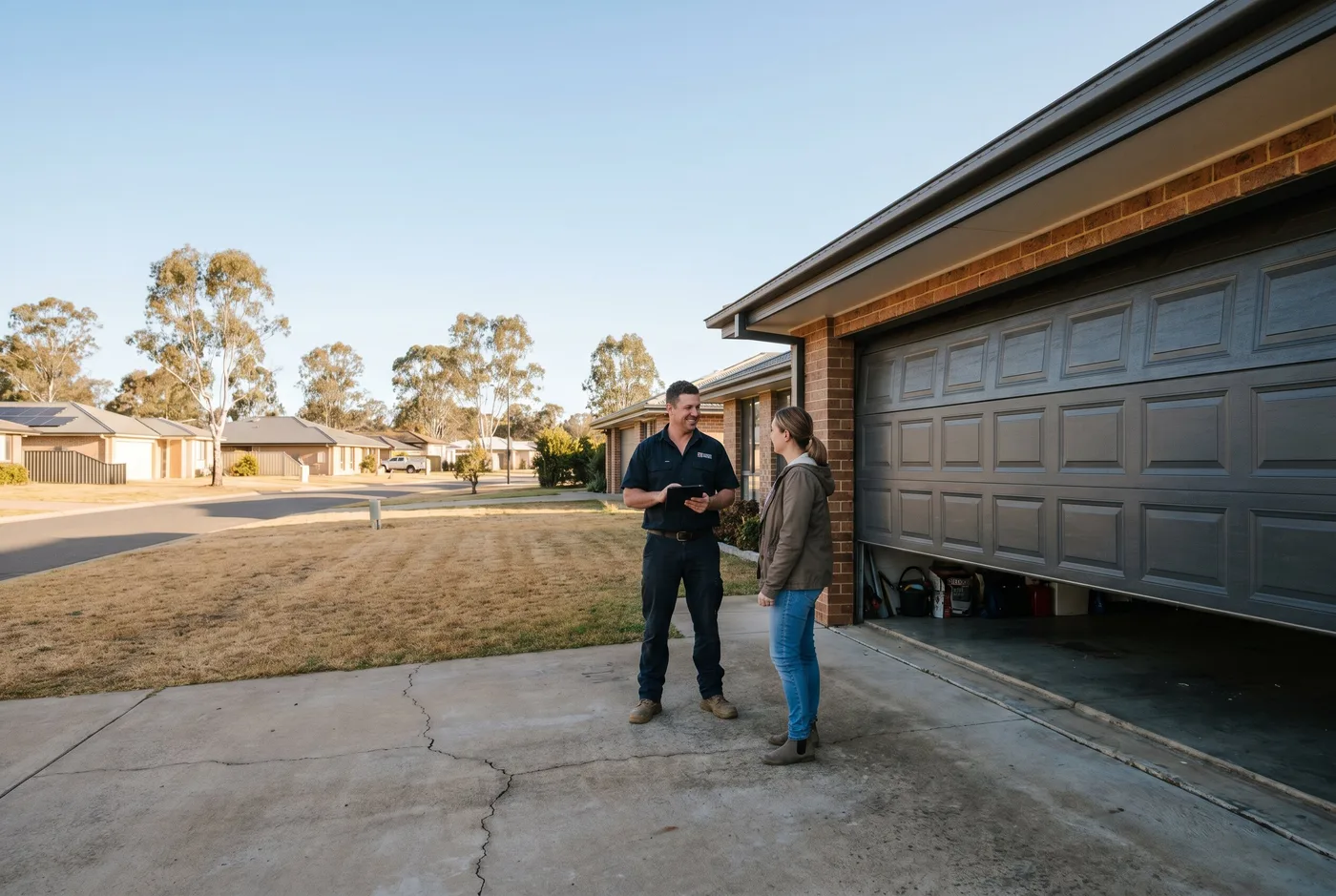 A garage door technician talking with a homeowner at the end of a driveway, door open behind them
