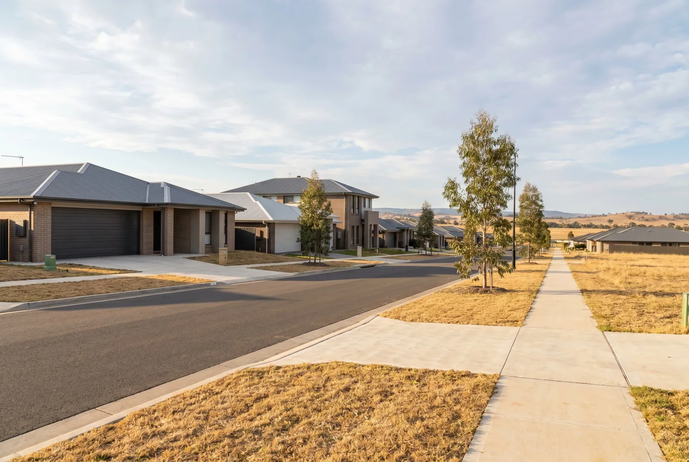 Singleton Heights street: modern project homes, wide double sectional garage doors, dry nature strips