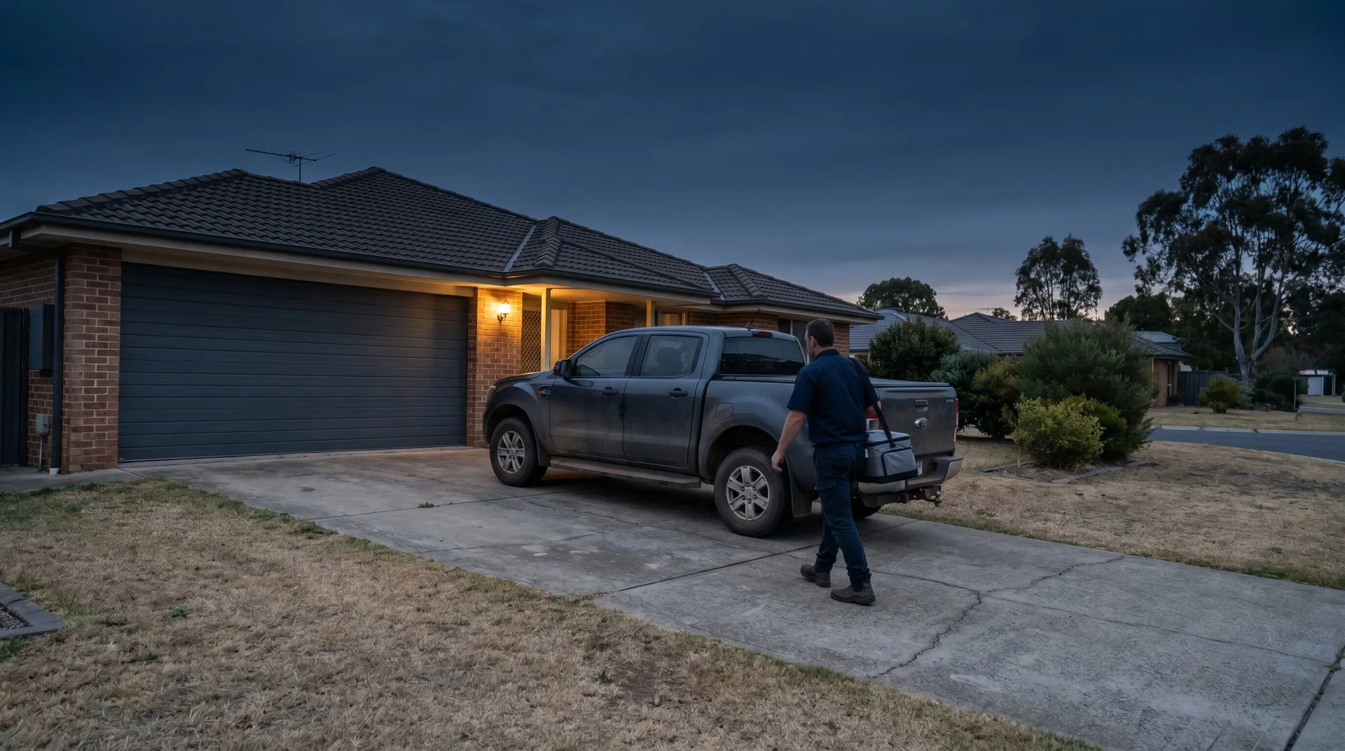 A Singleton driveway before dawn: ute parked in front of a graphite sectional garage door, porch light on