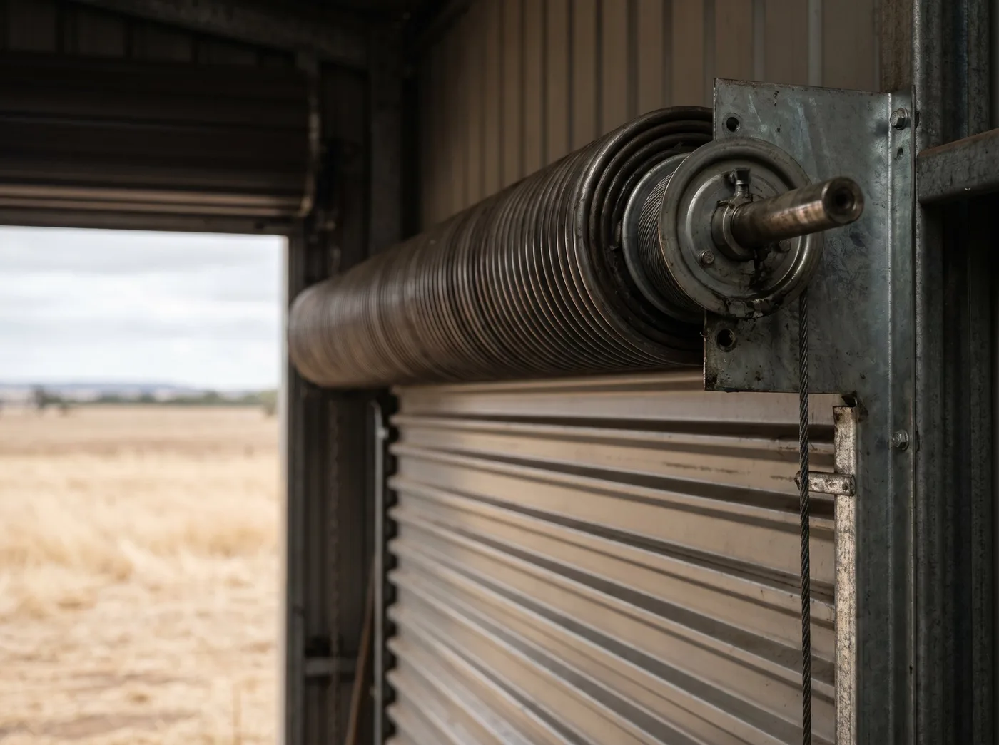 A coiled counterbalance spring on its shaft above a garage door, with the lift cable running down the guide