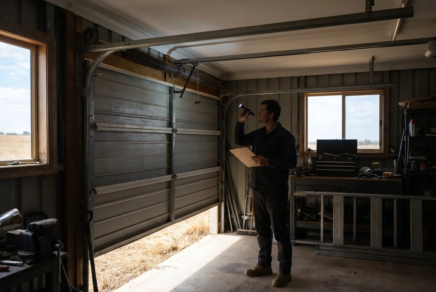A technician with a torch and checklist inspecting the spring and track of a half-open garage door
